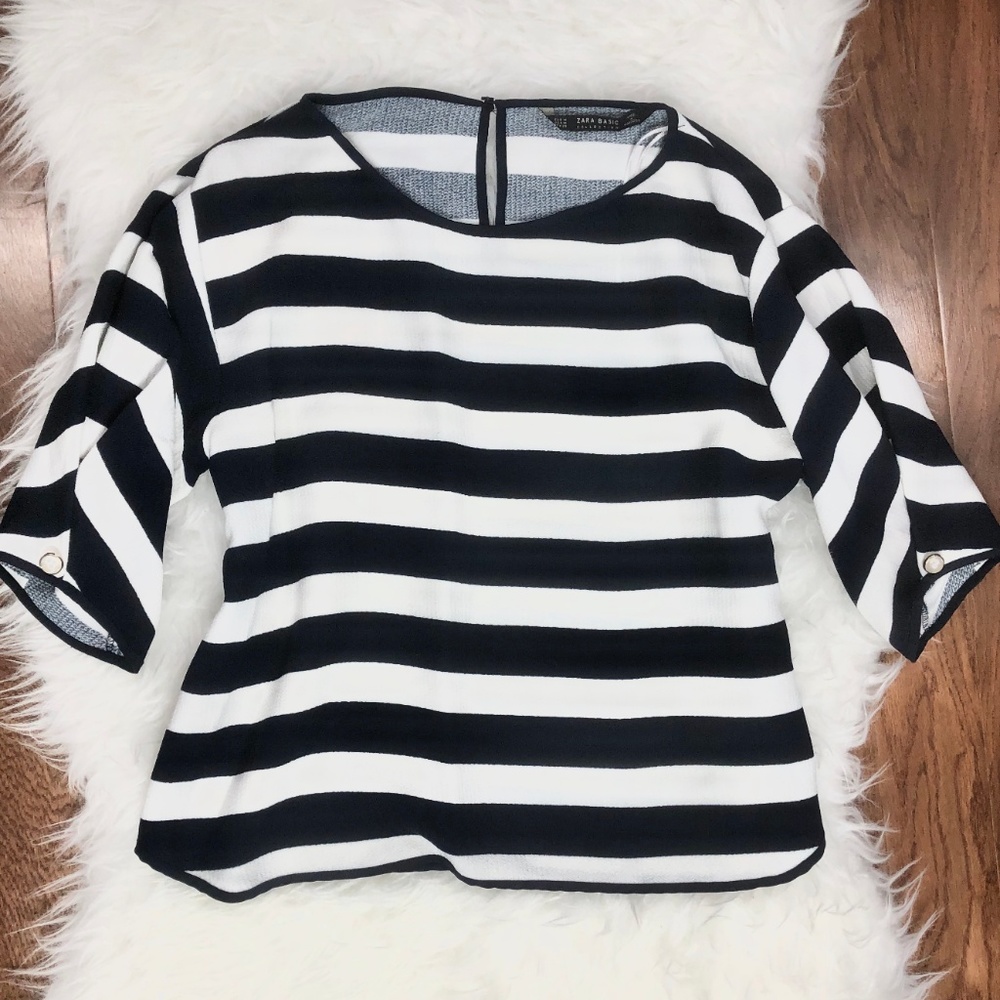 Zara Navy and White Striped Blouse w/ Pearl Sleeve - Picture 2 of 6